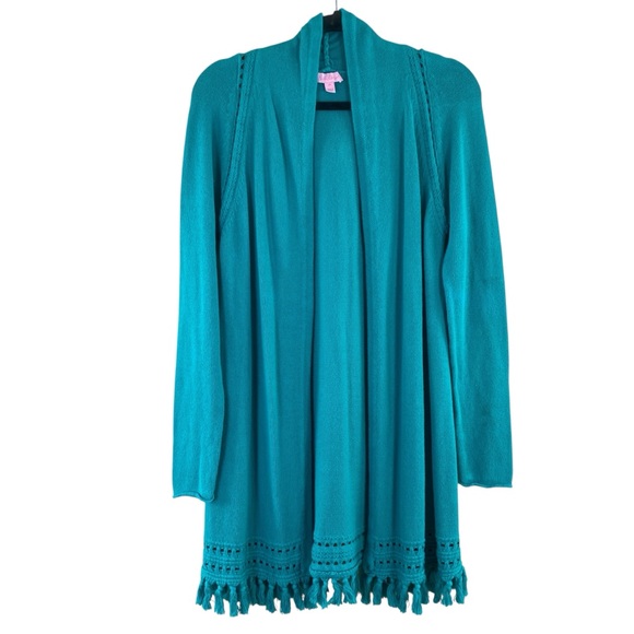 Lilly Pulitzer Sweaters - Lilly‎ Pulitzer Women’s Turquoise Fringe Open Front Longline Cardigan Sz M